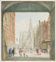 kt 2023 050
<br/>
Gezicht op de Grote Kerk te Haarlem, gezien vanaf de Vismarkt en de Pandpoort
<br/>
<em>Schouten, Hermanus Petrus (1747-1822)</em>